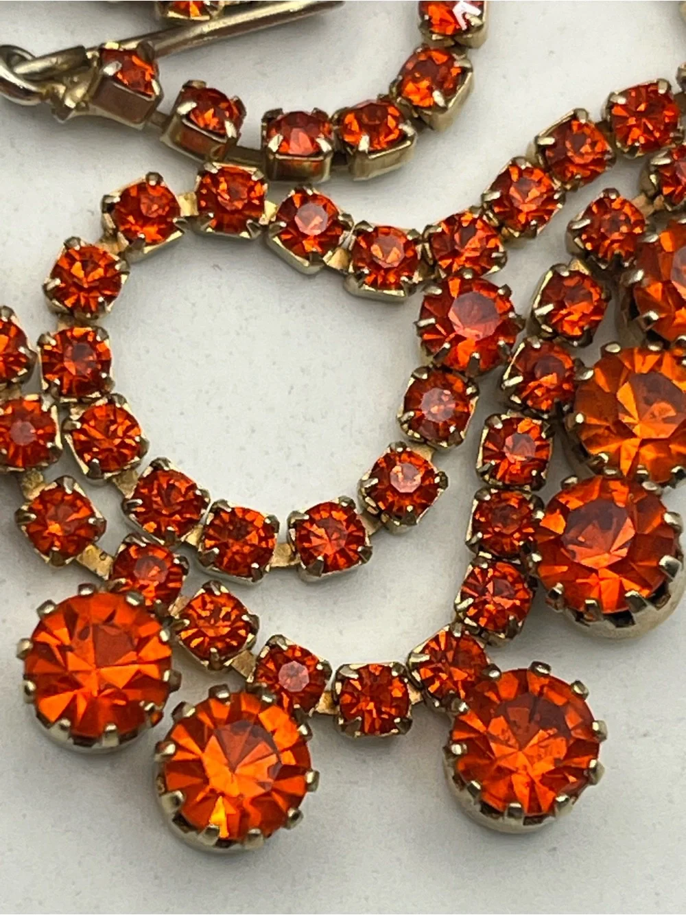 Orange rhinestone tennis necklace gold tone vintage sparkly